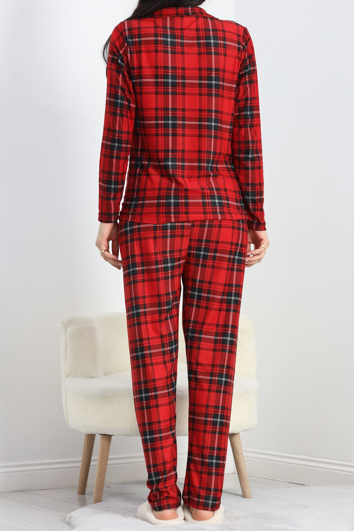 Düğmeli Süet Pijama Takımı Ekosekırmızı - 50039.1857.