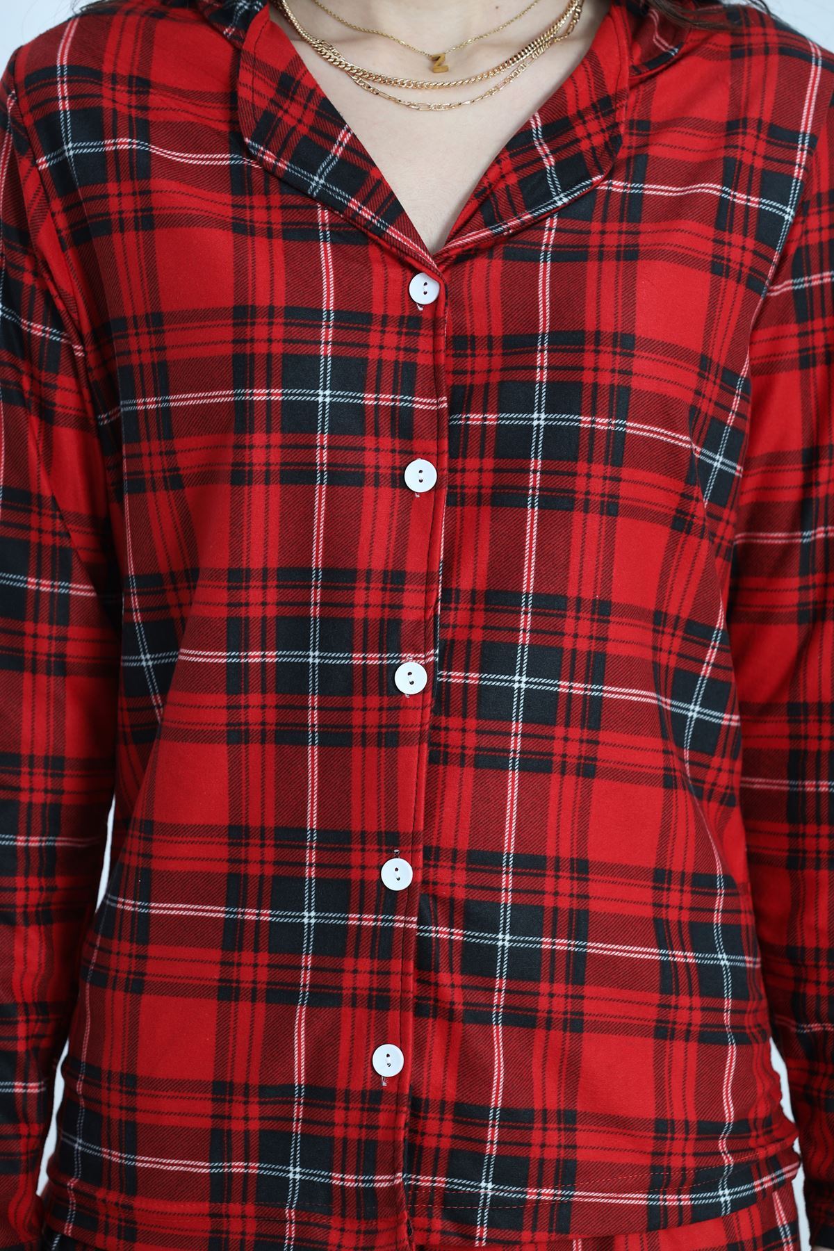 Düğmeli Süet Pijama Takımı Ekosekırmızı - 50039.1857.