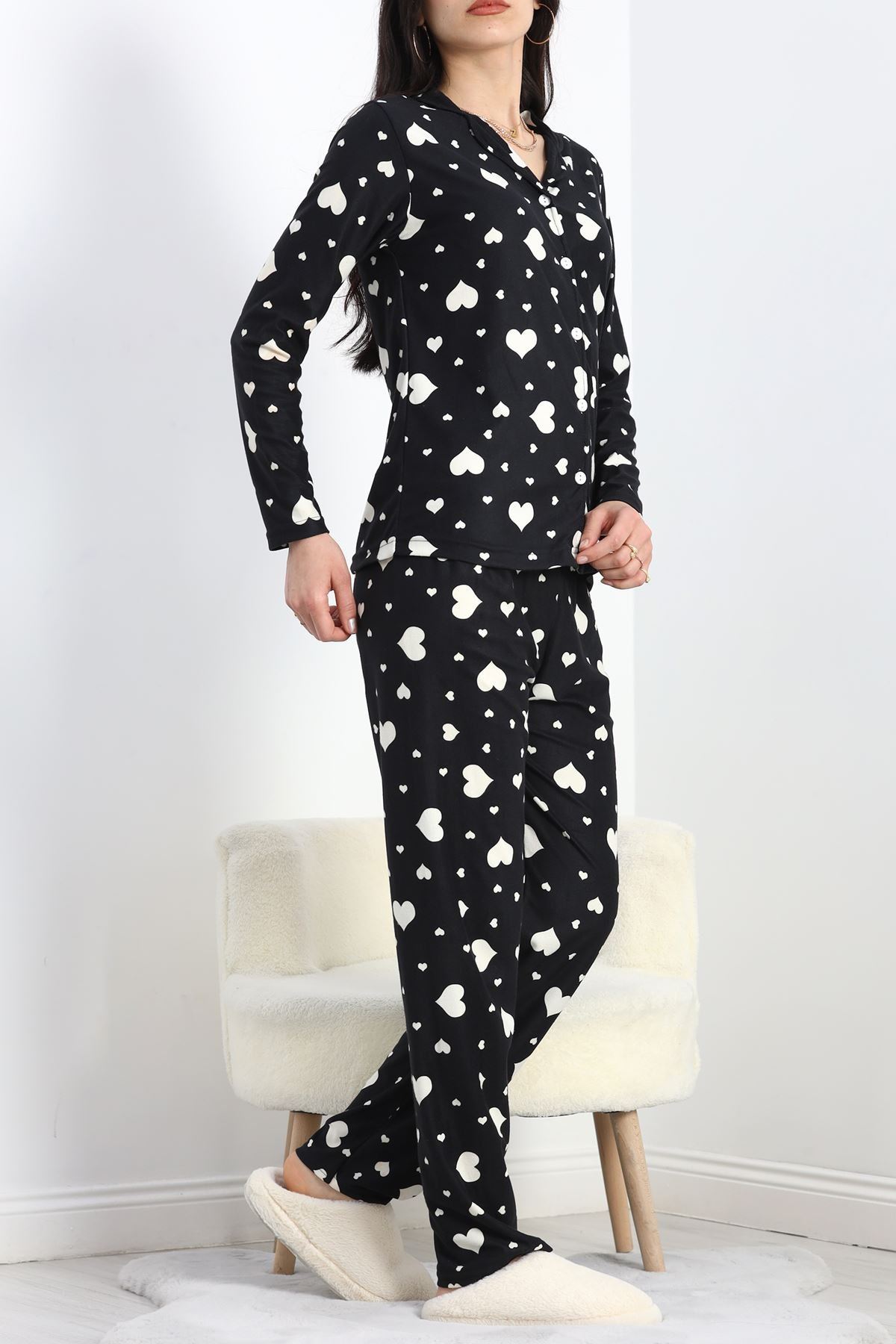 Düğmeli Süet Pijama Takımı Siyahbeyaz - 50039.1857.