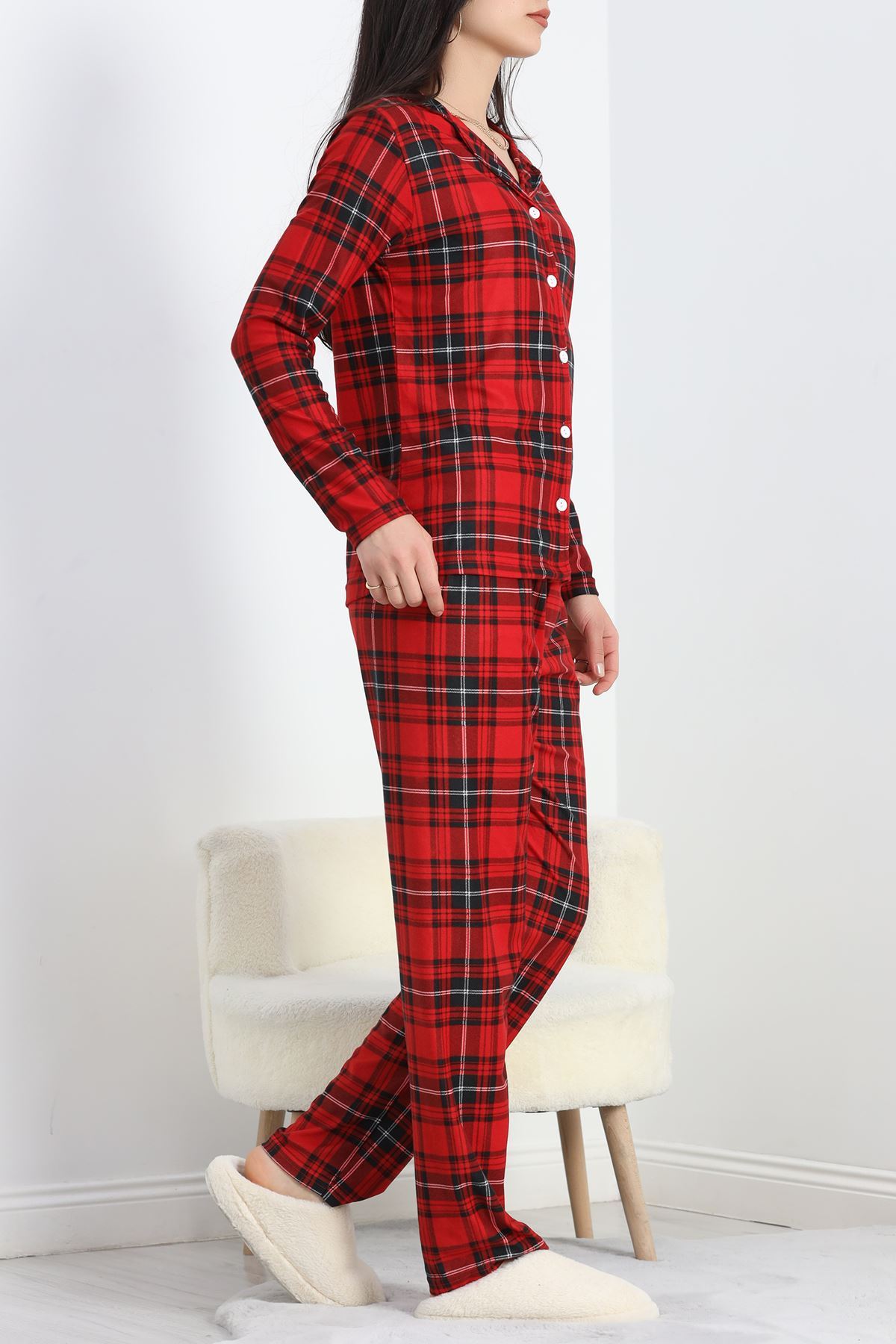 Düğmeli Süet Pijama Takımı Ekosekırmızı - 50039.1857.