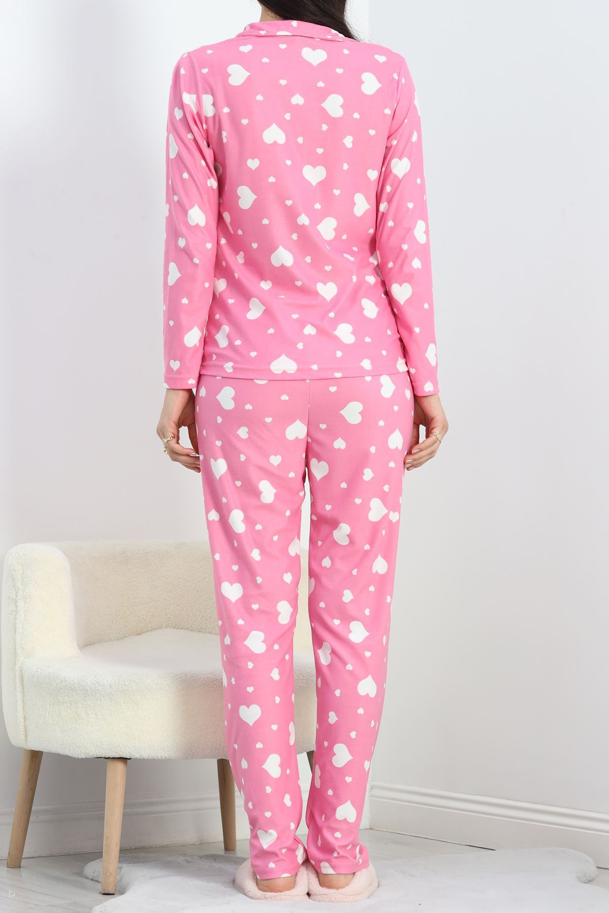 Düğmeli Süet Pijama Takımı Pembekalpli - 50039.1857.