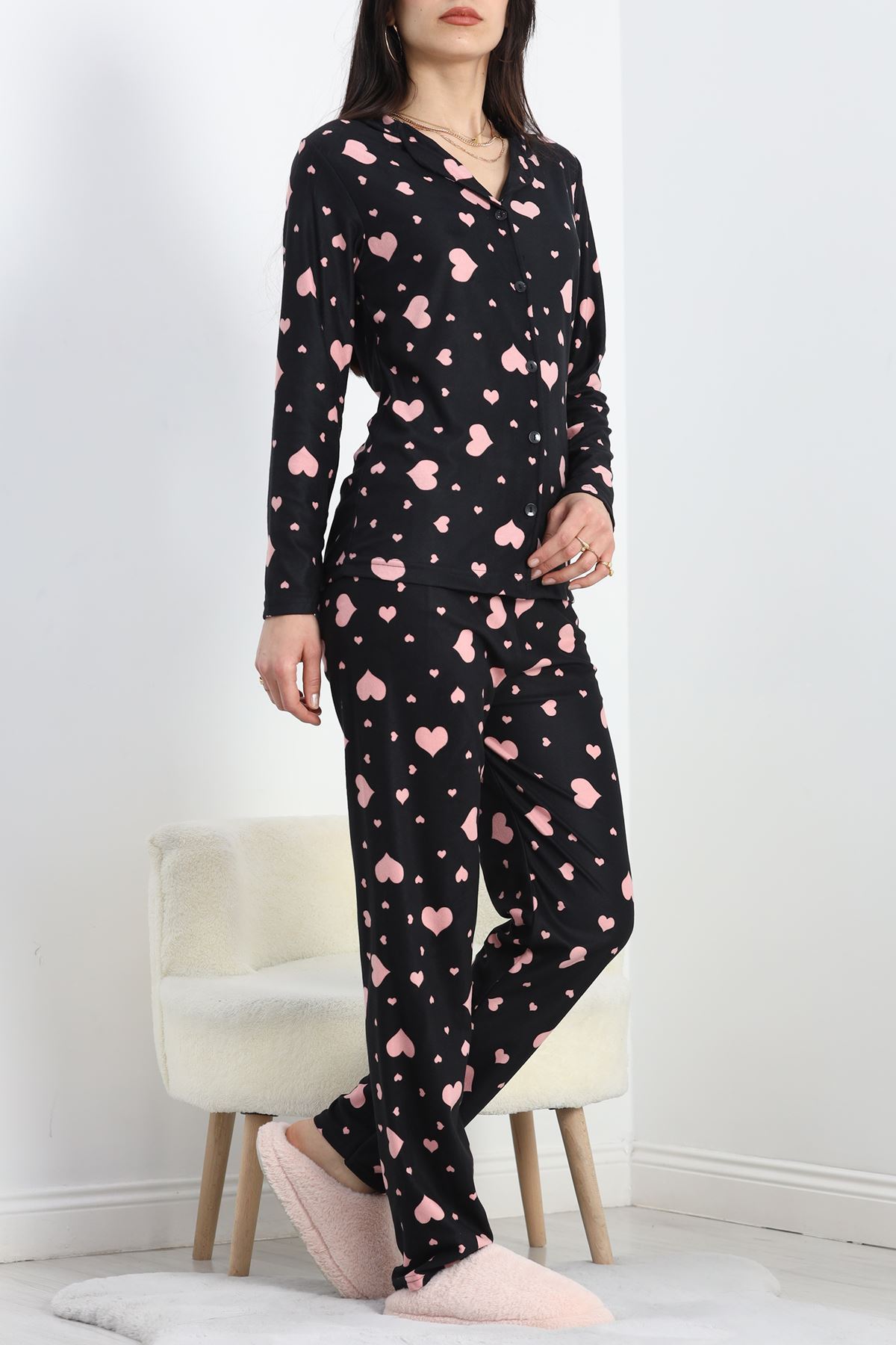 Düğmeli Süet Pijama Takımı Siyahpembe - 50039.1857.