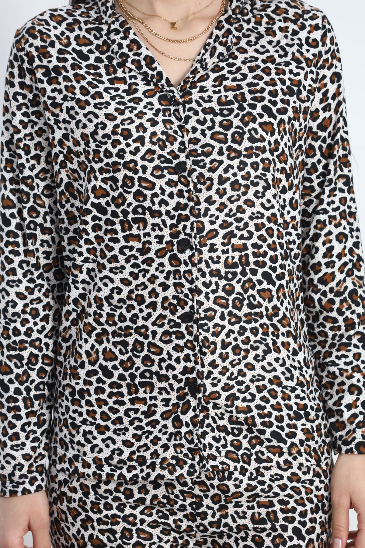 Düğmeli Süet Pijama Takımı Leopar - 50039.1857.