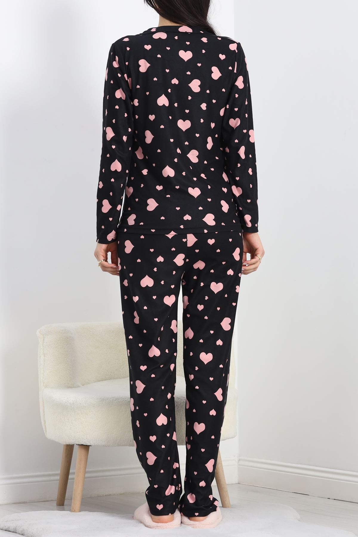 Düğmeli Süet Pijama Takımı Siyahpembe - 50039.1857.