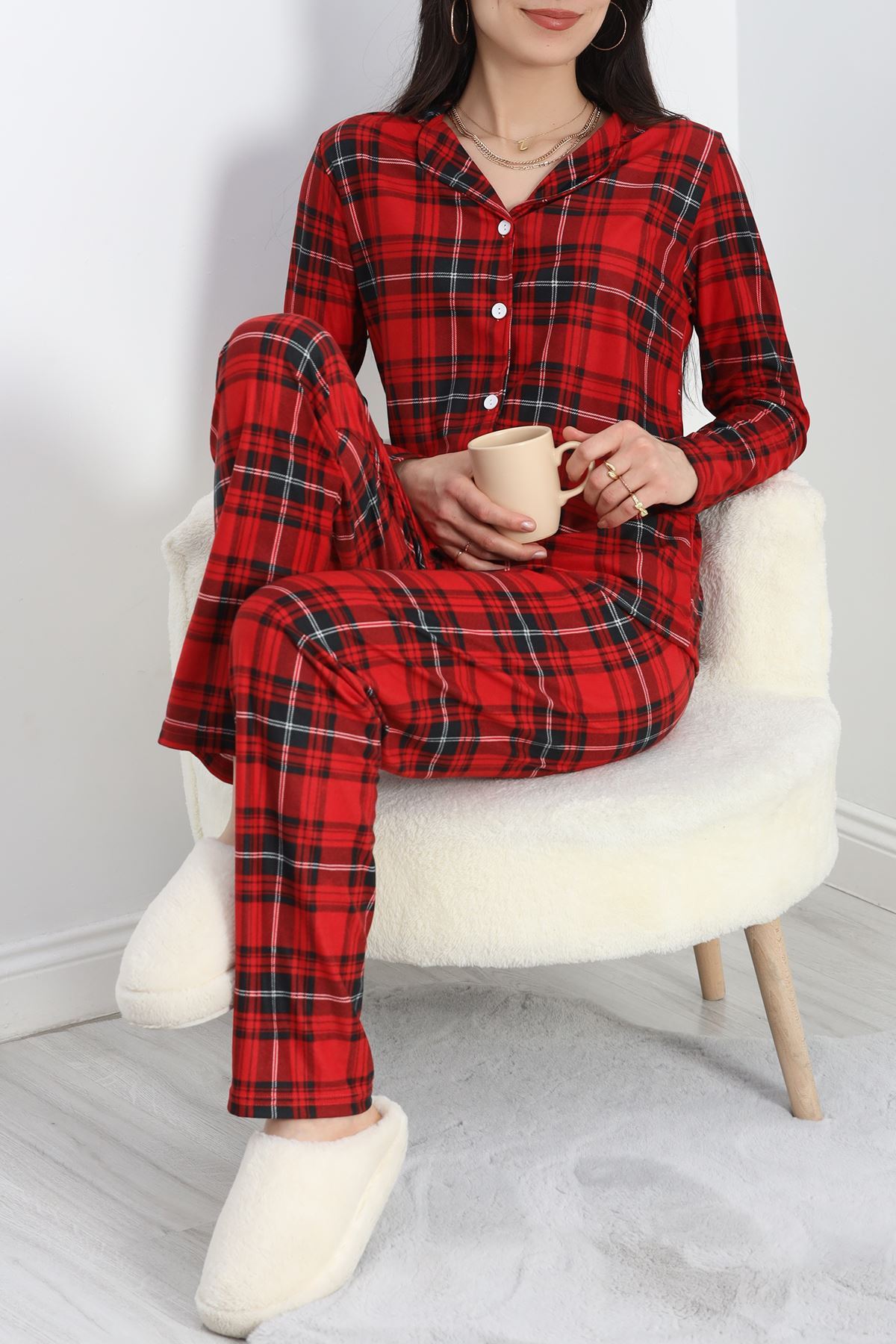 Düğmeli Süet Pijama Takımı Ekosekırmızı - 50039.1857.