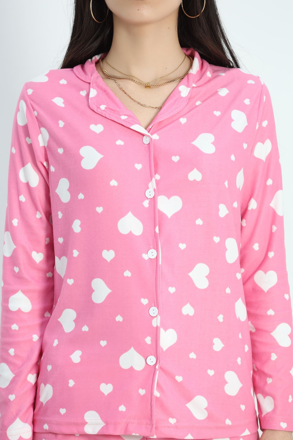 Düğmeli Süet Pijama Takımı Pembekalpli - 50039.1857.