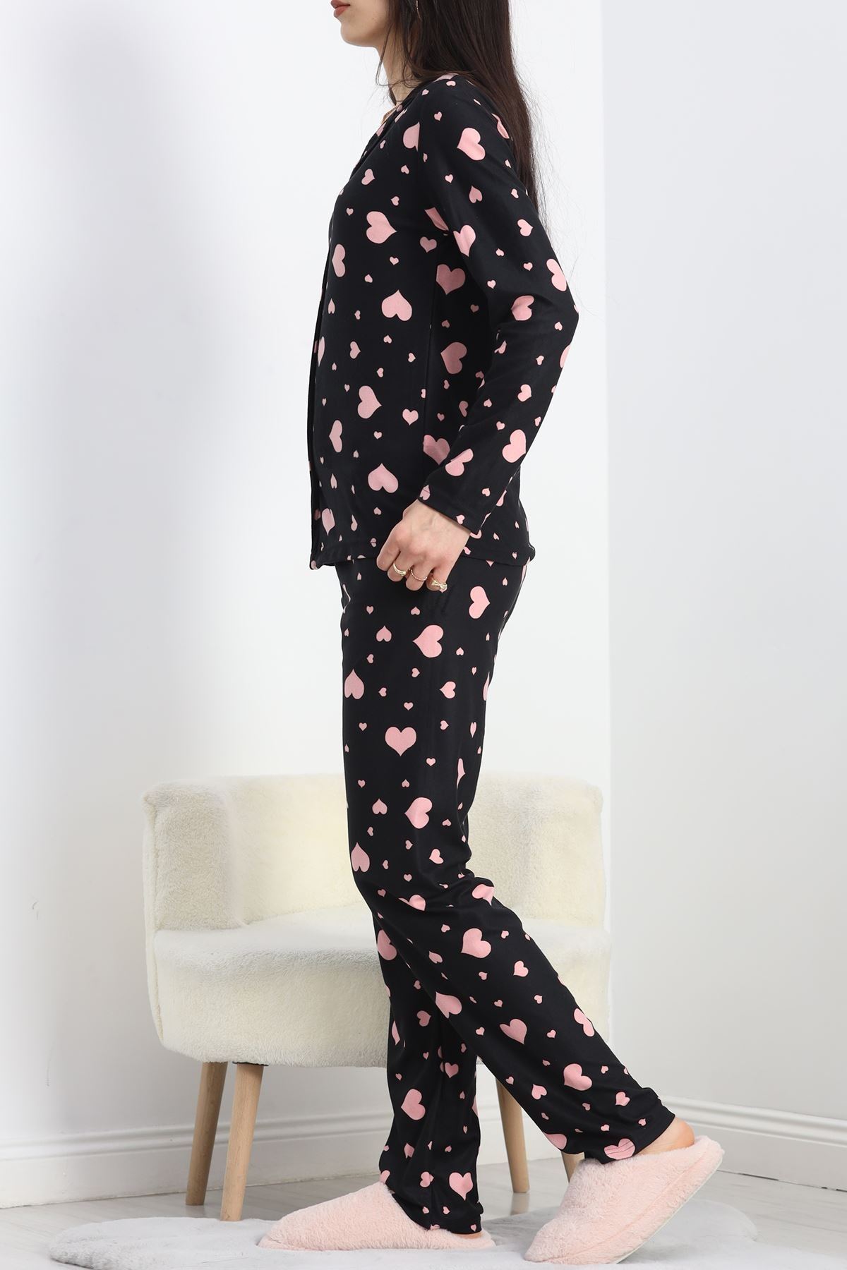 Düğmeli Süet Pijama Takımı Siyahpembe - 50039.1857.