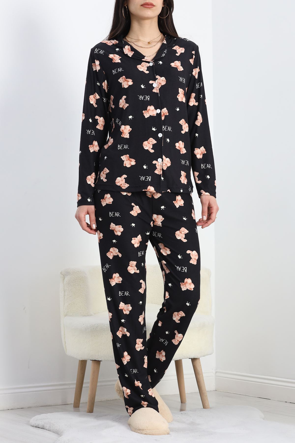 Düğmeli Süet Pijama Takımı Siyahsomon - 50039.1857.