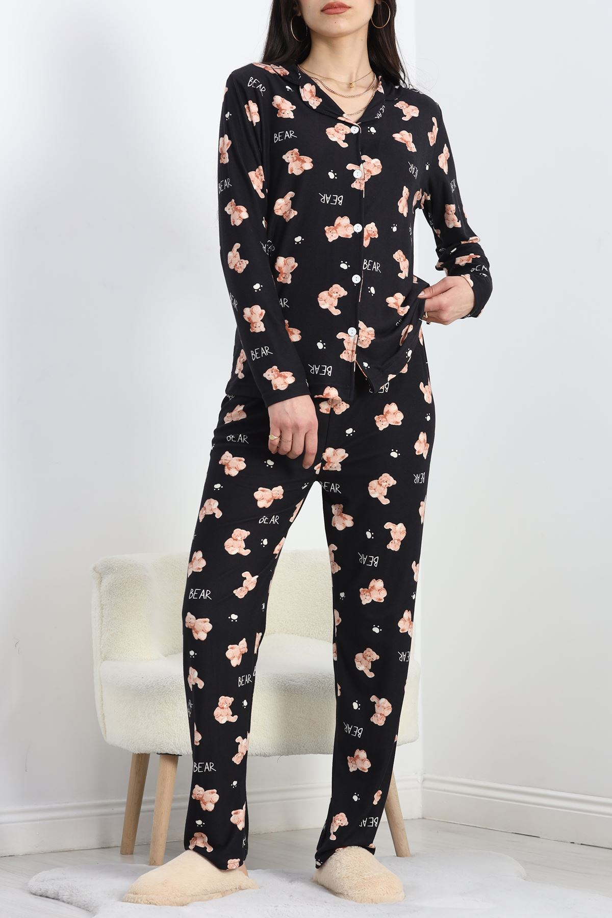 Düğmeli Süet Pijama Takımı Siyahsomon - 50039.1857.