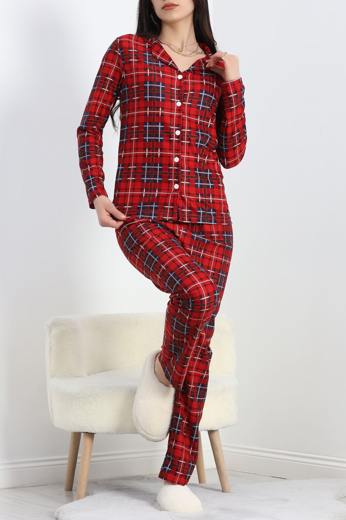 Düğmeli Süet Pijama Takımı Kırmızıçizgili - 50039.1857.
