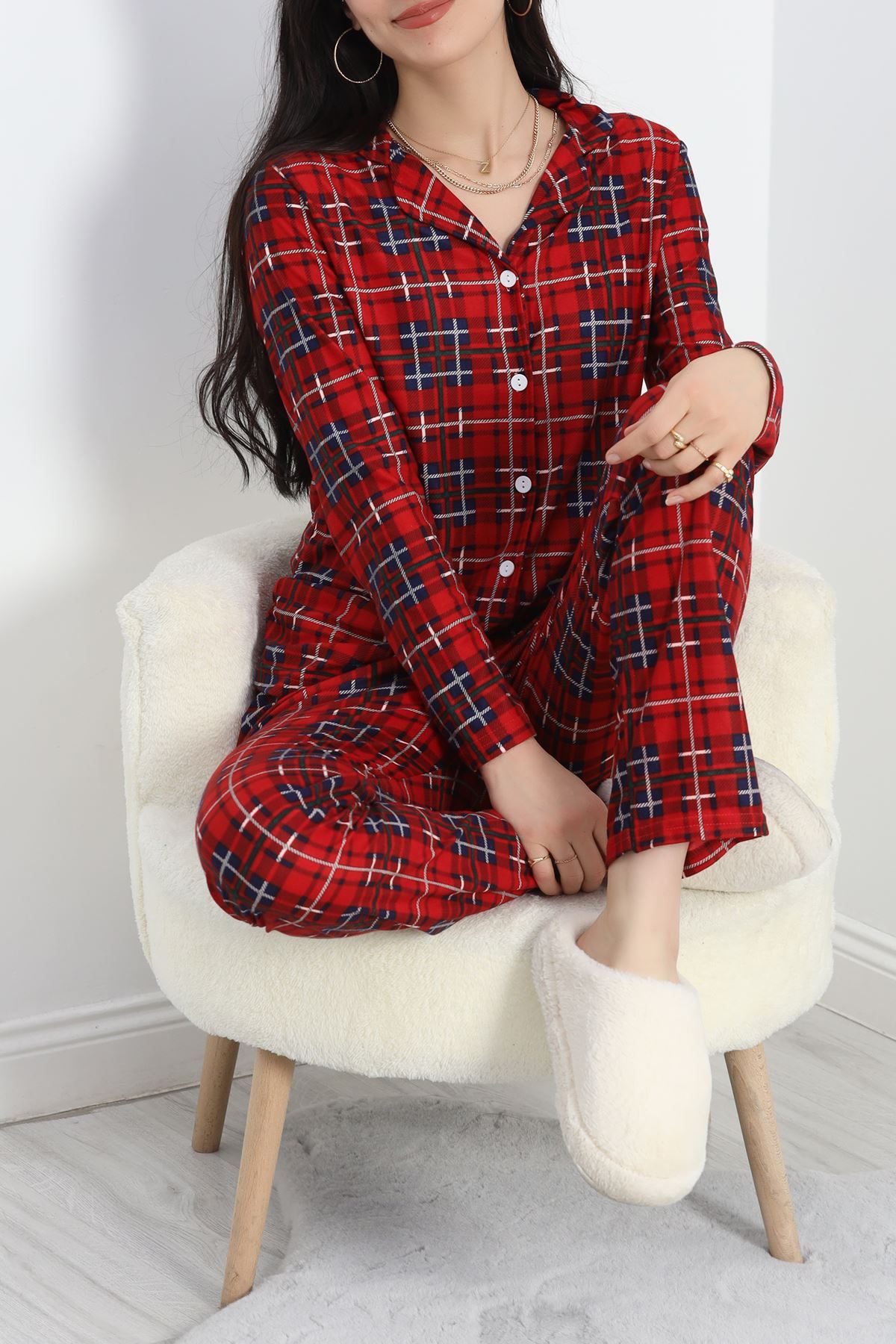 Düğmeli Süet Pijama Takımı Kırmızıçizgili - 50039.1857.