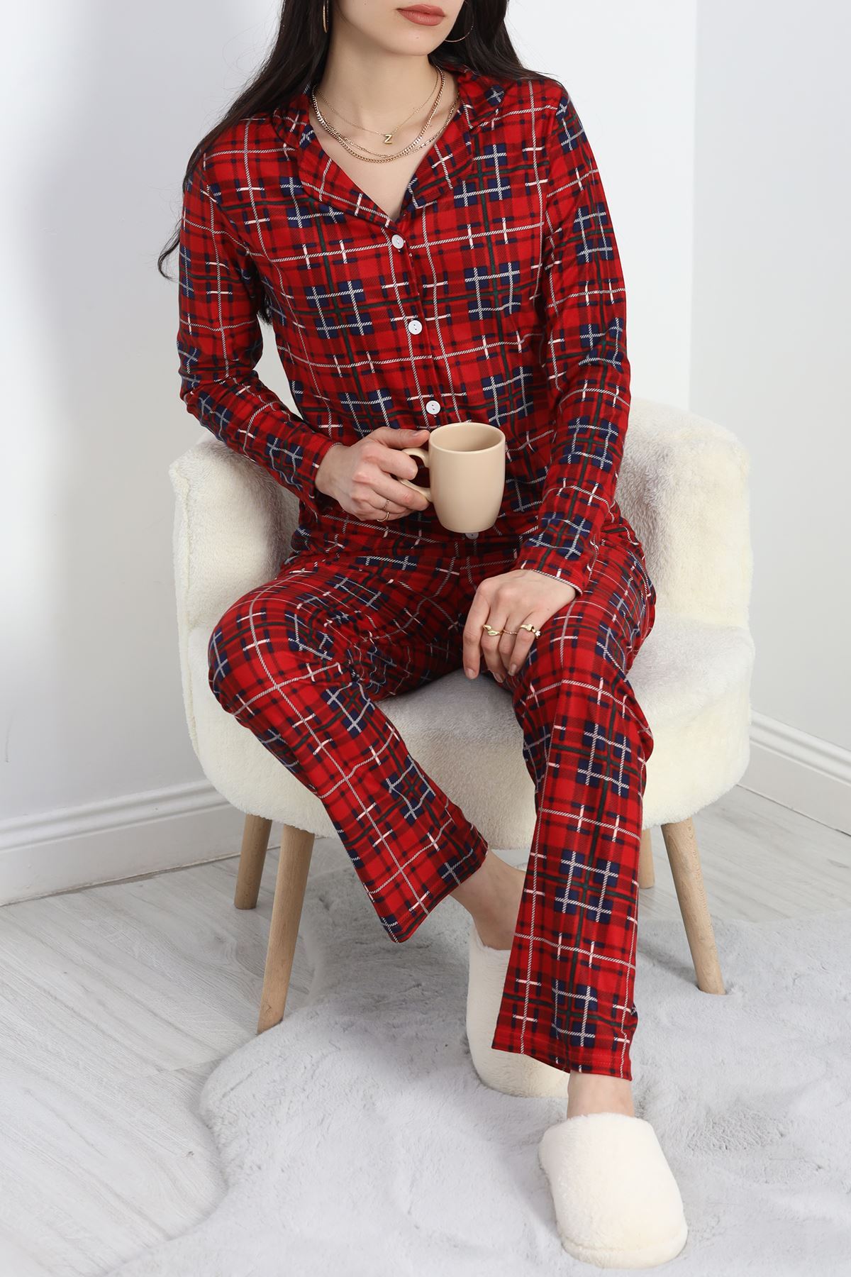 Düğmeli Süet Pijama Takımı Kırmızıçizgili - 50039.1857.