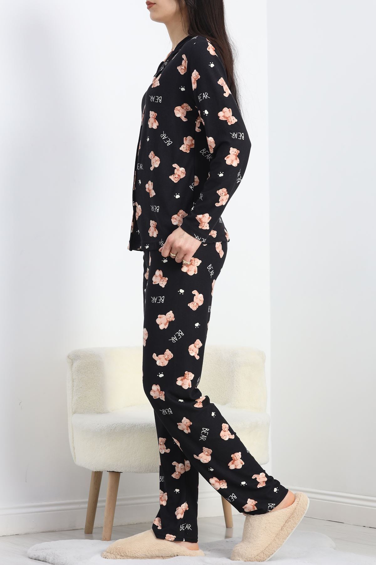 Düğmeli Süet Pijama Takımı Siyahsomon - 50039.1857.