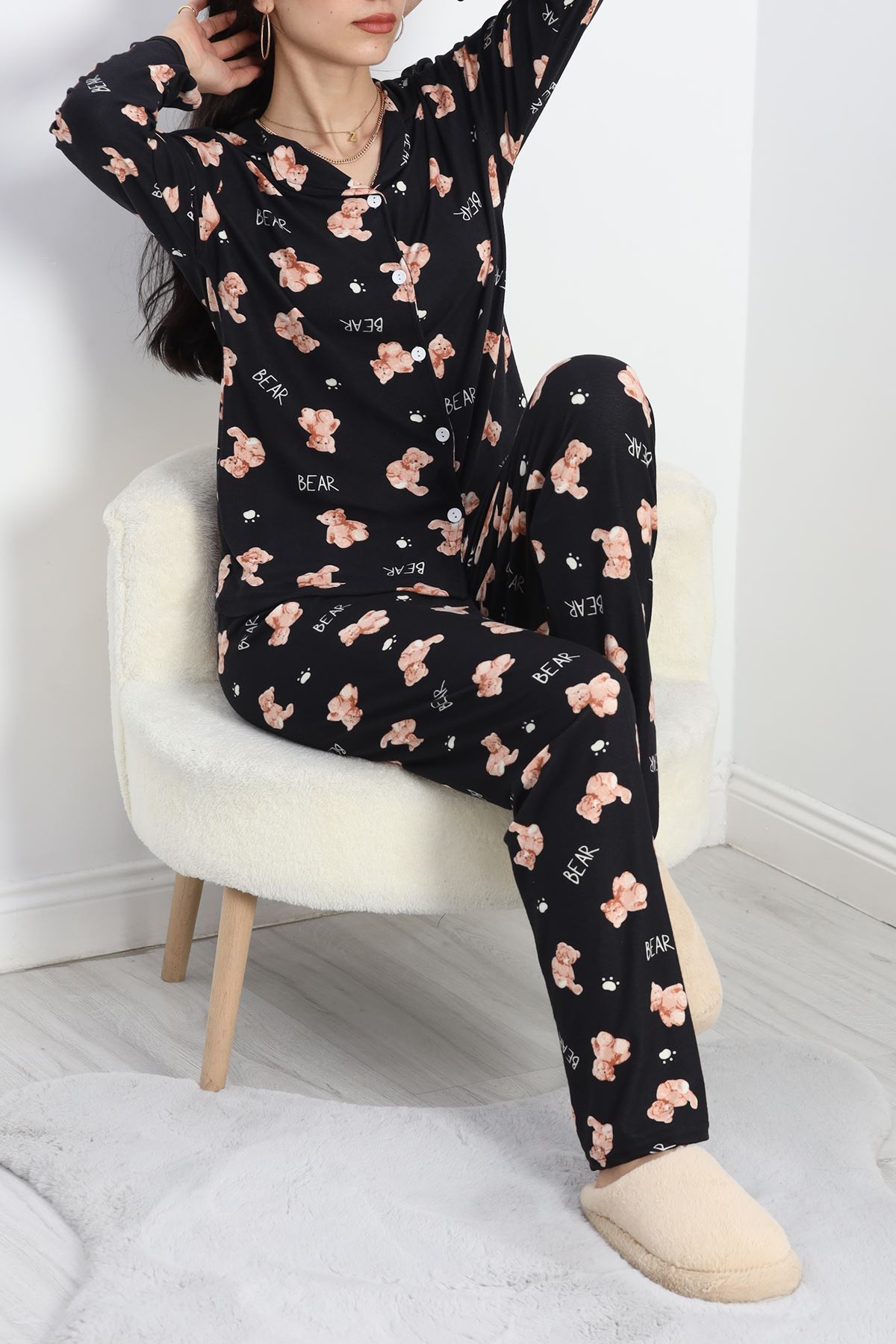 Düğmeli Süet Pijama Takımı Siyahsomon - 50039.1857.