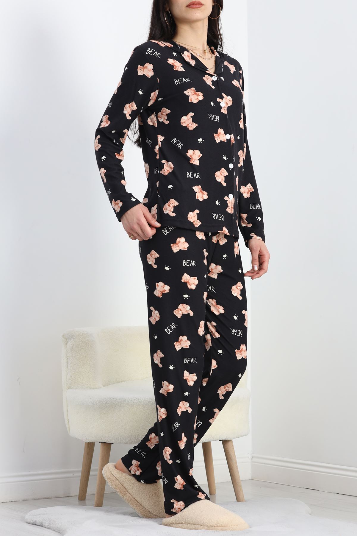 Düğmeli Süet Pijama Takımı Siyahsomon - 50039.1857.
