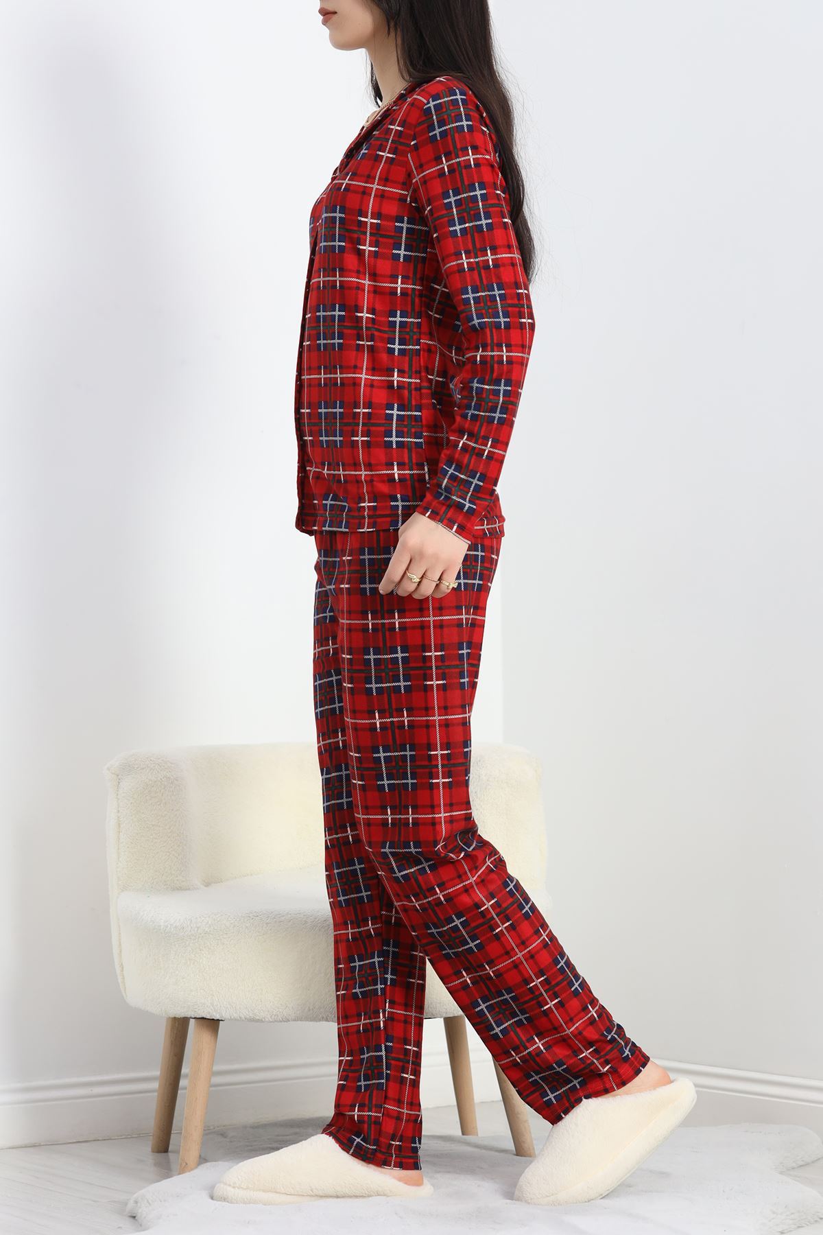 Düğmeli Süet Pijama Takımı Kırmızıçizgili - 50039.1857.