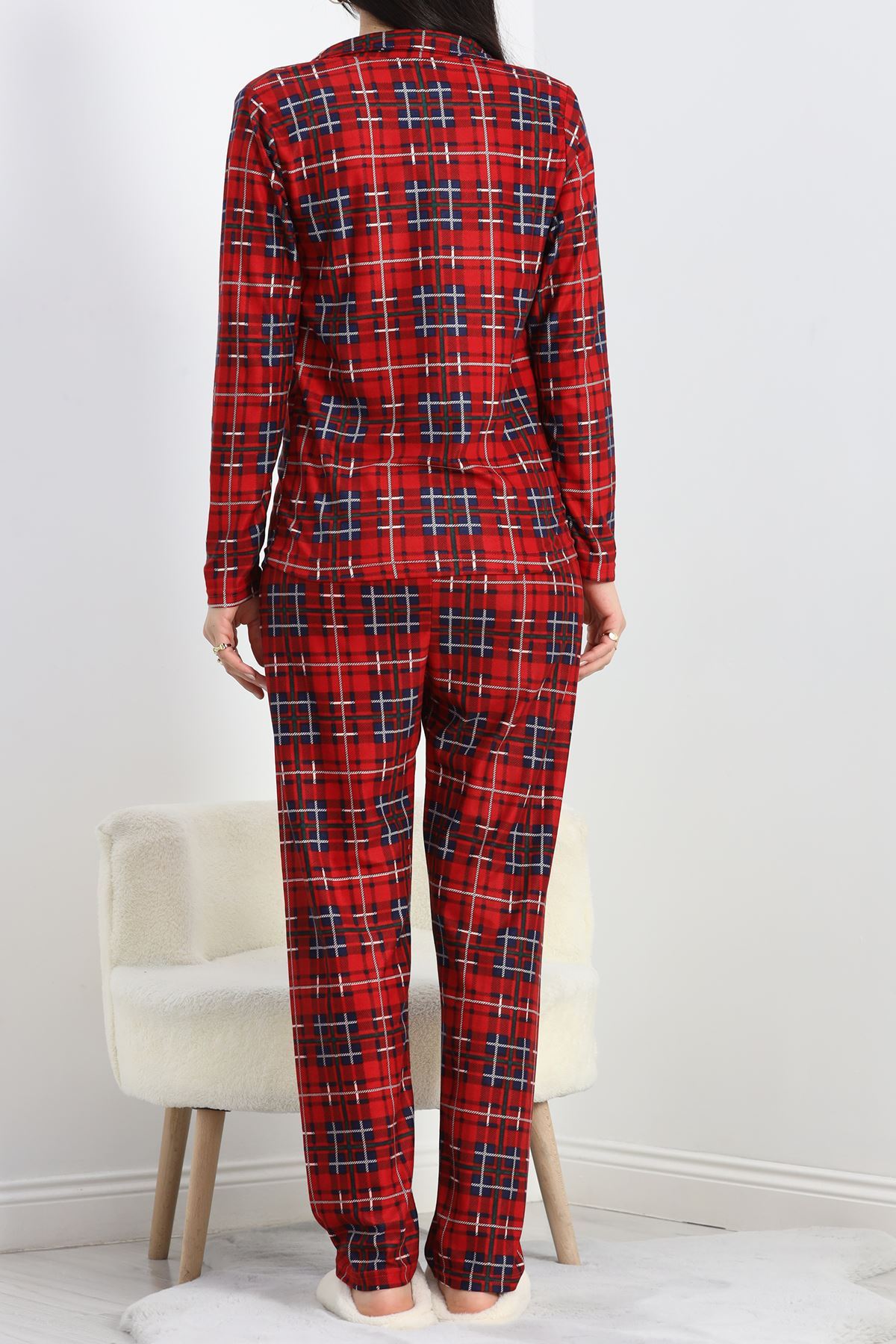 Düğmeli Süet Pijama Takımı Kırmızıçizgili - 50039.1857.