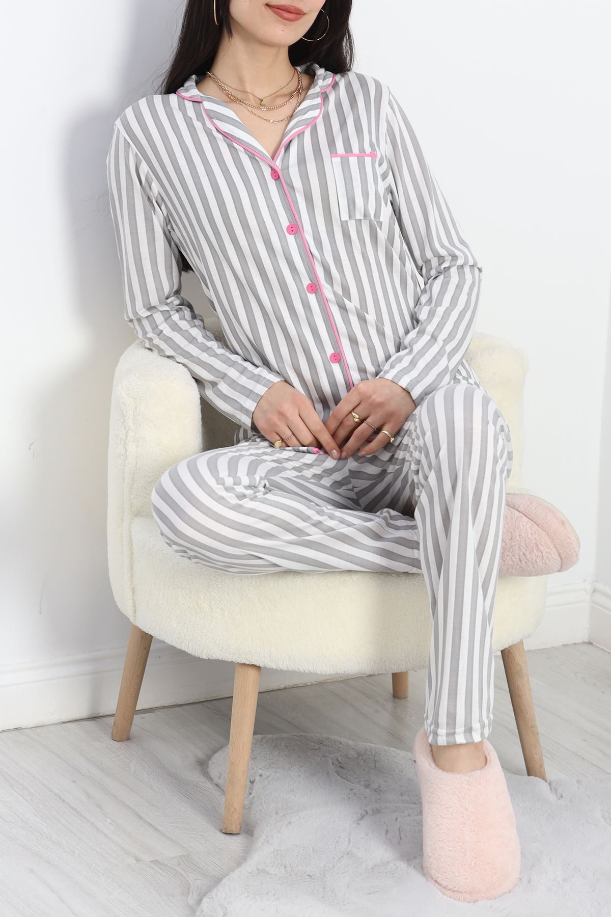 Düğmeli Pijama Takımı Griçizgili - 19717.264.