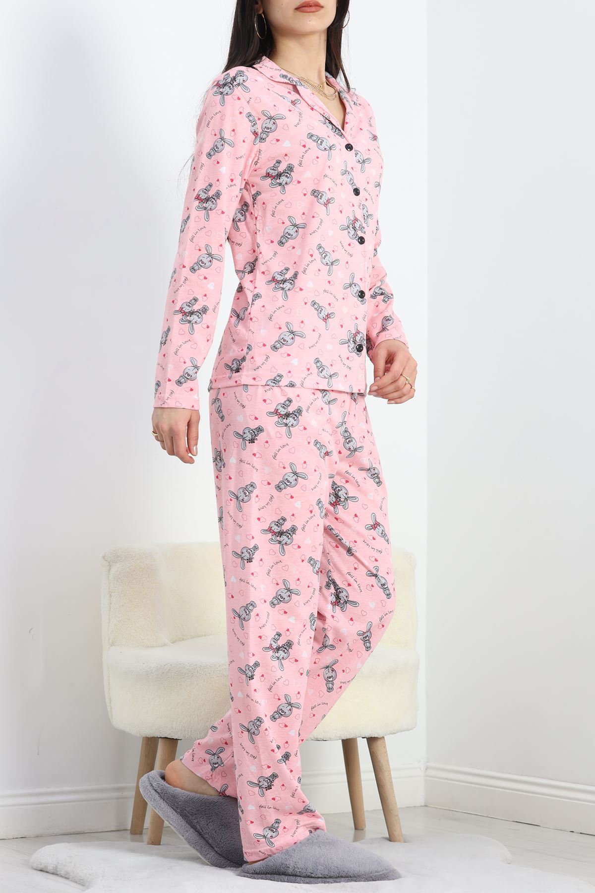 Düğmeli Pijama Takımı Pembegri - 19718.1857.