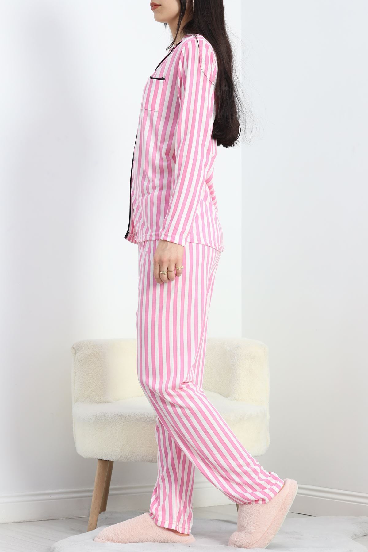 Düğmeli Pijama Takımı Pembeçizgili - 19717.264.
