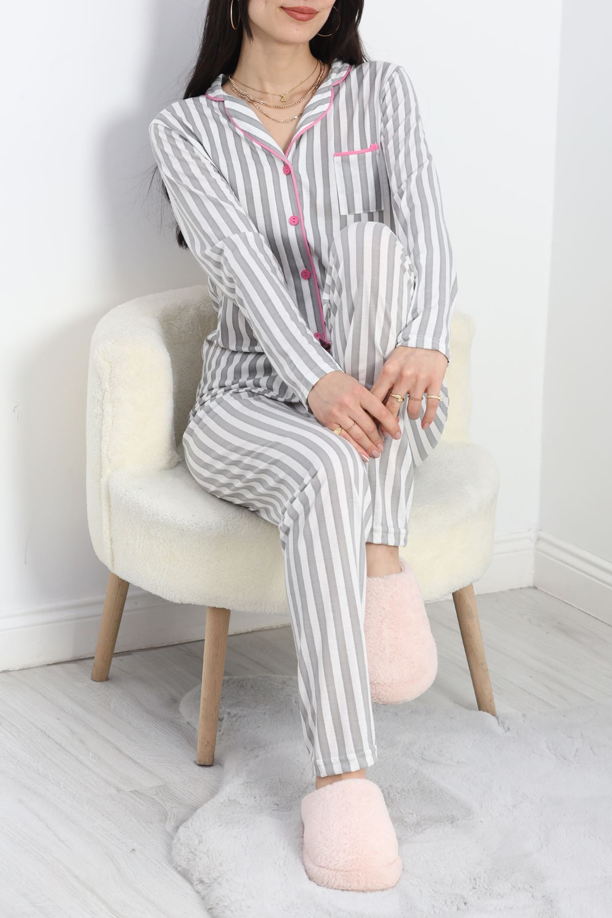 Düğmeli Pijama Takımı Griçizgili - 19717.264.
