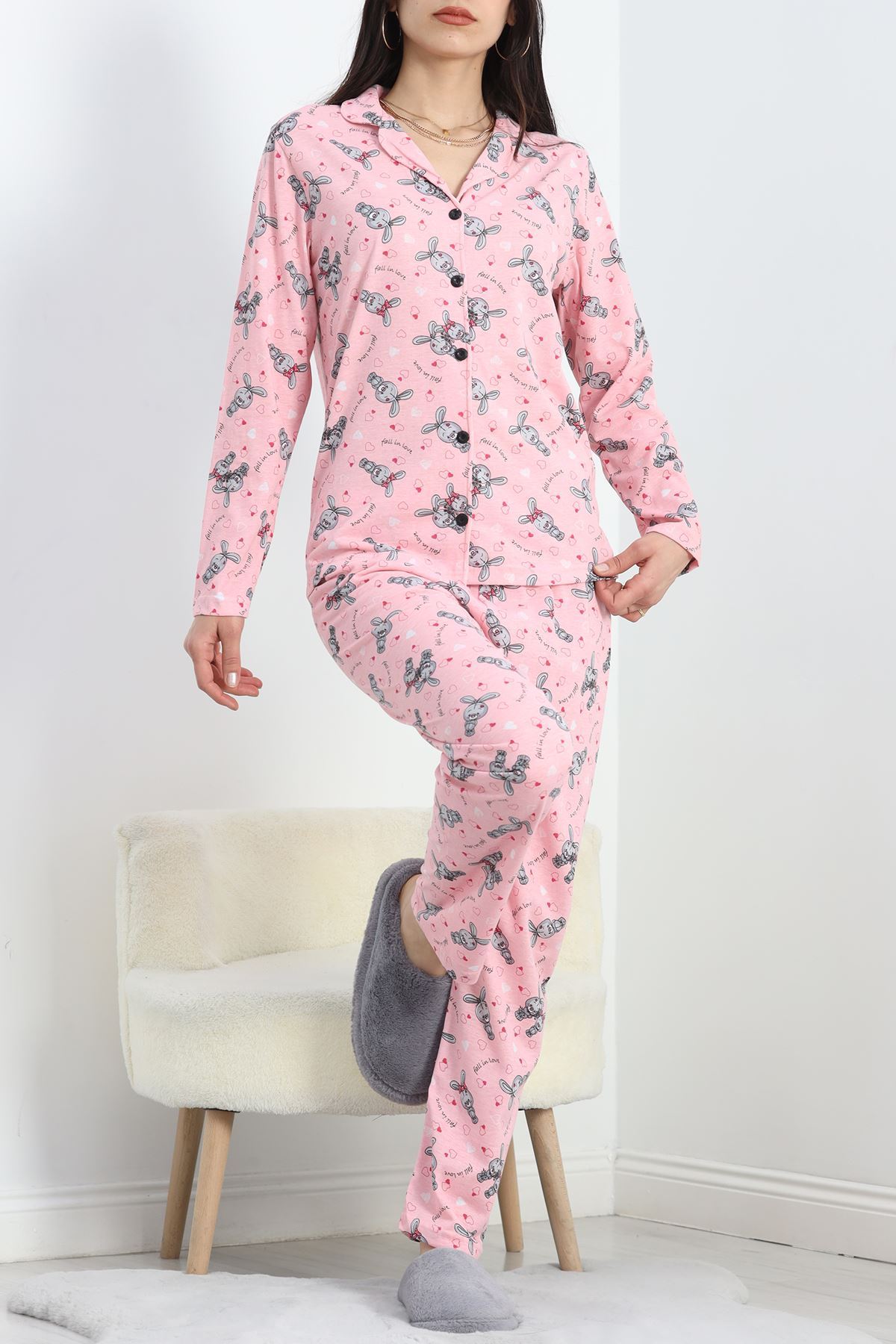 Düğmeli Pijama Takımı Pembegri - 19718.1857.