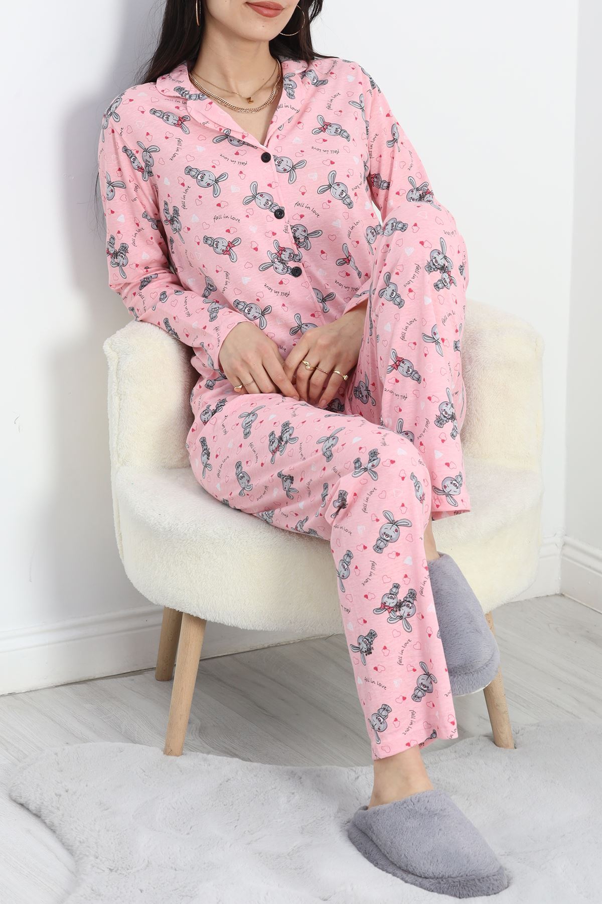Düğmeli Pijama Takımı Pembegri - 19718.1857.