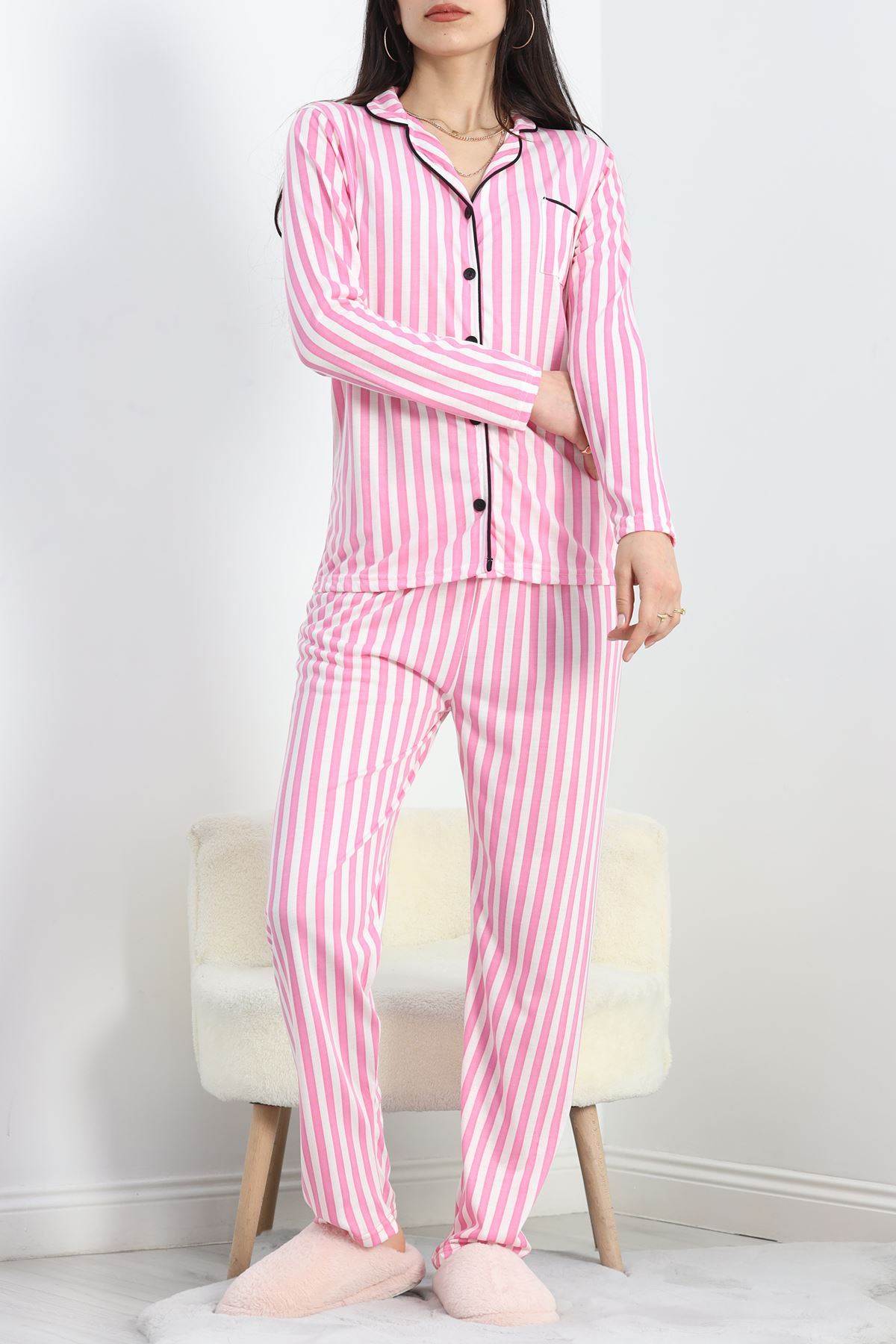 Düğmeli Pijama Takımı Pembeçizgili - 19717.264.