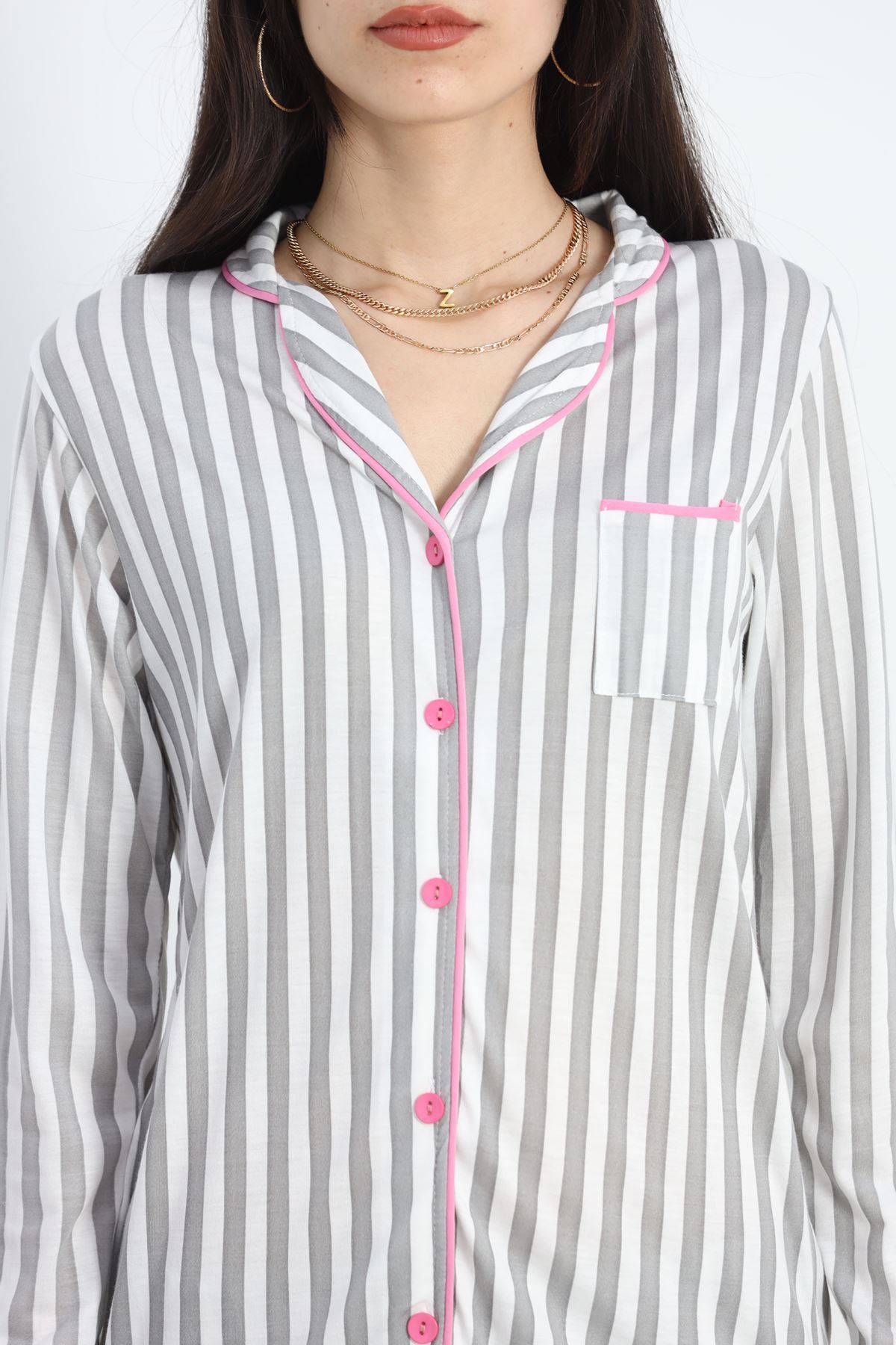 Düğmeli Pijama Takımı Griçizgili - 19717.264.