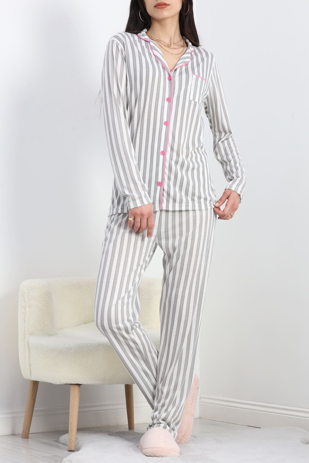 Düğmeli Pijama Takımı Griçizgili - 19717.264.