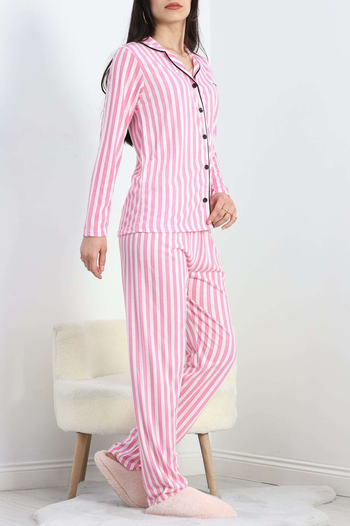 Düğmeli Pijama Takımı Pembeçizgili - 19717.264.