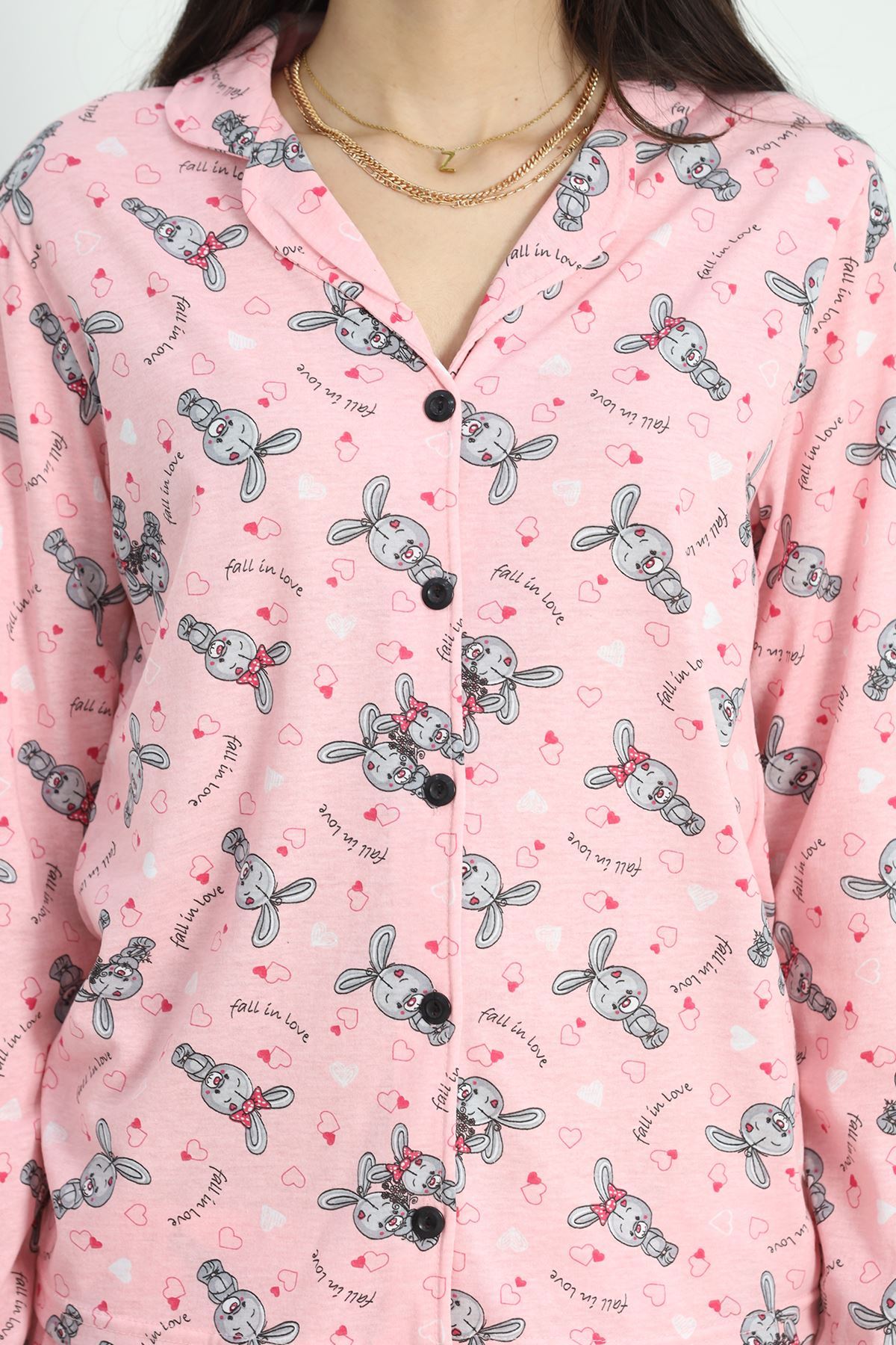 Düğmeli Pijama Takımı Pembegri - 19718.1857.