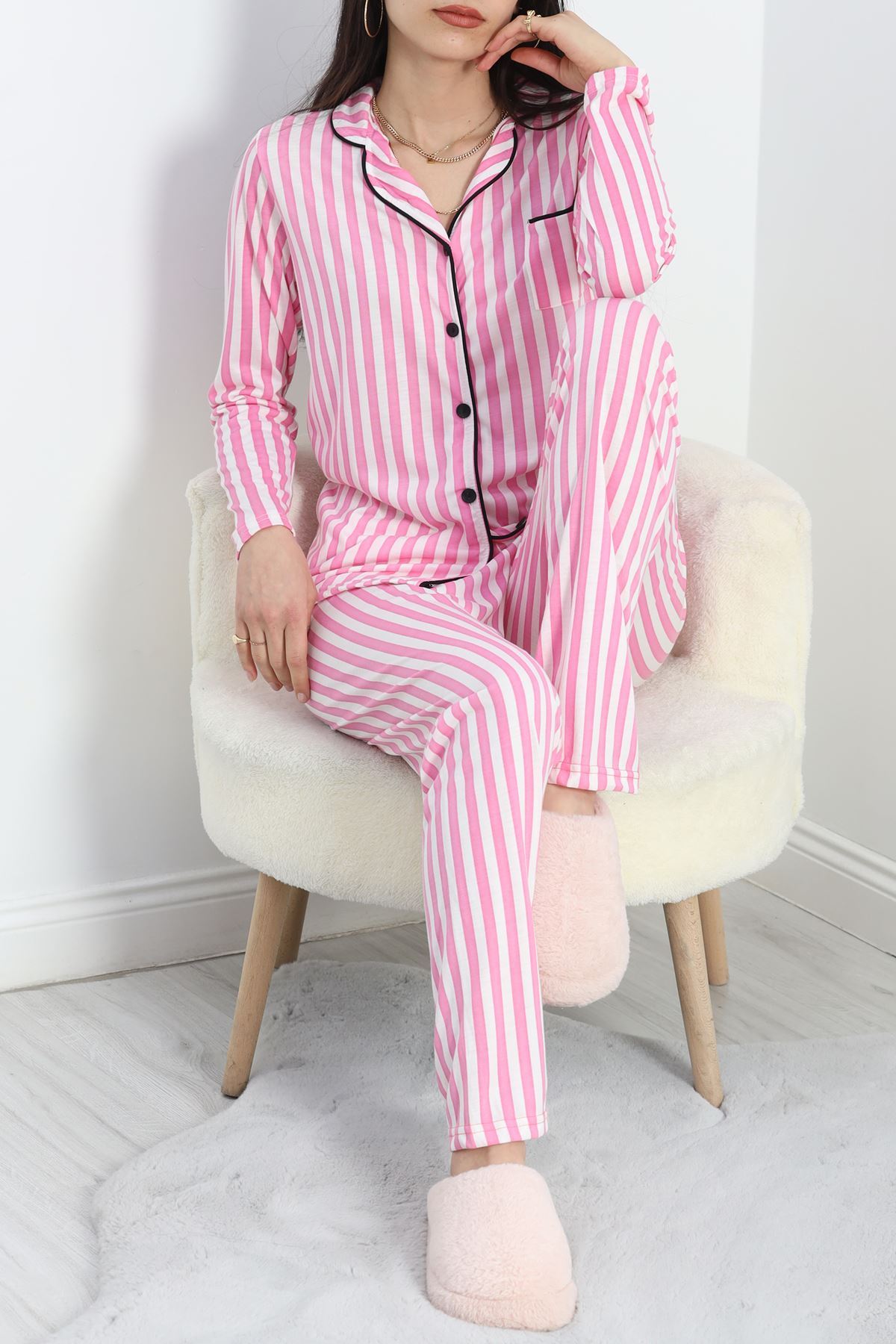 Düğmeli Pijama Takımı Pembeçizgili - 19717.264.