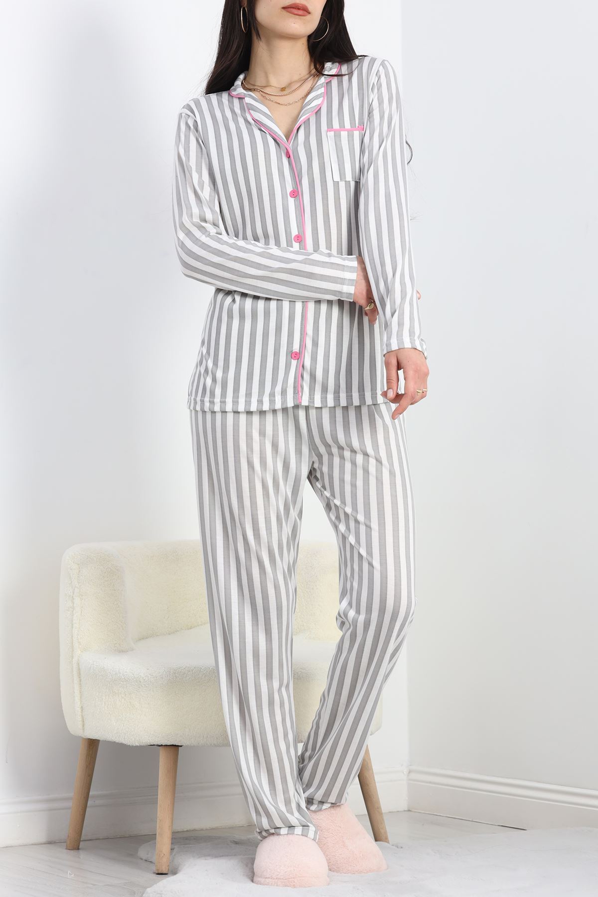 Düğmeli Pijama Takımı Griçizgili - 19717.264.