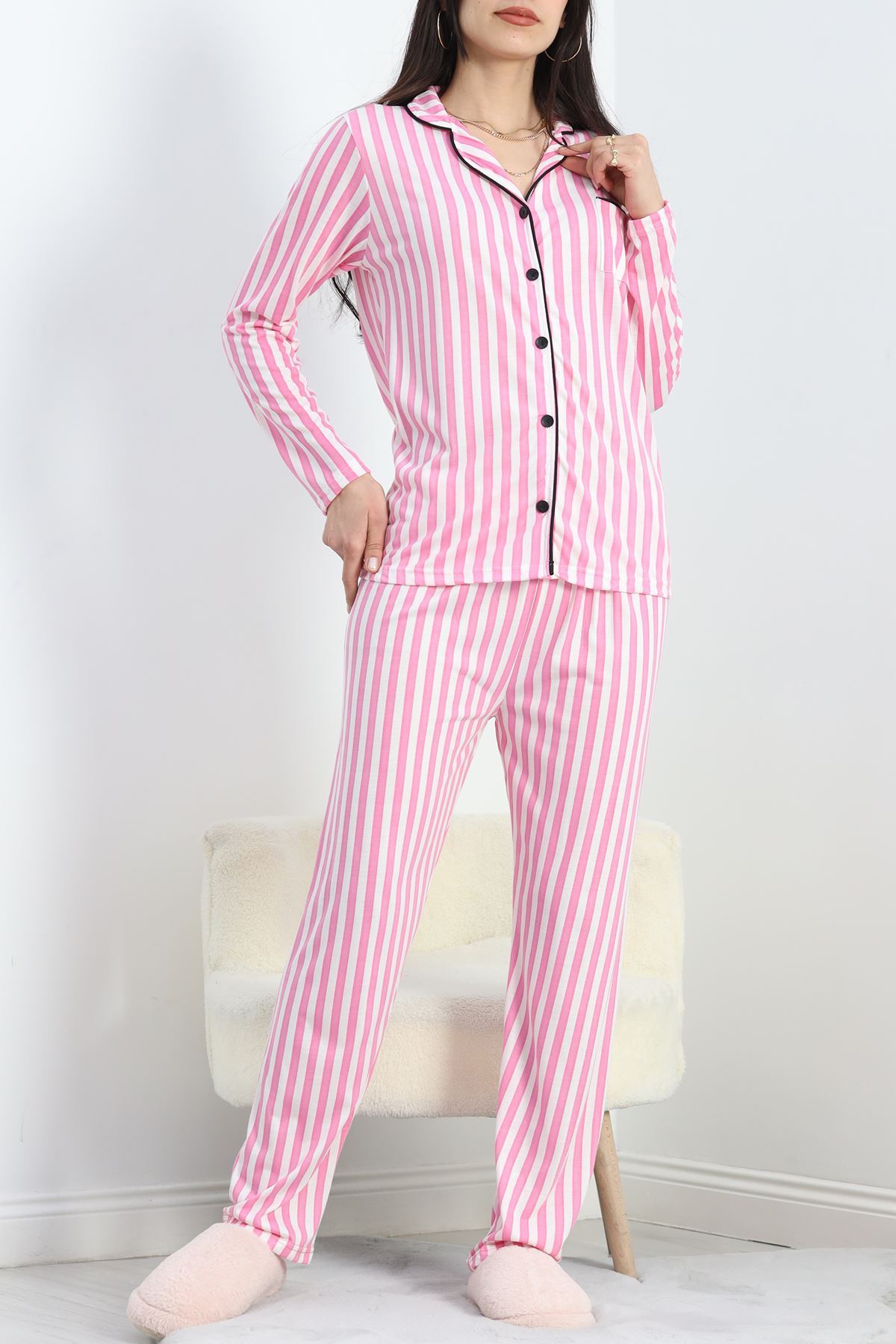Düğmeli Pijama Takımı Pembeçizgili - 19717.264.